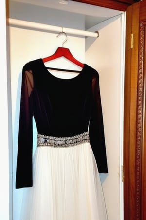 black dress, long transparent sleeves, beautiful white reddecoration on the waist, the dress hanging in a closet