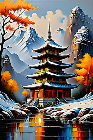 "Create an imaginative and photorealistic oil painting characterized by ultra-detailed line work using the palette knife technique with impasto. Create a photorealistic painting of a traditional pagoda-style temple in a dramatic mountainous landscape. The overall effect is a blend of Surrealism and Mystical Realism, creating a rich, immersive setting that complements the extremely sharp focus on the temple in the foreground. BREAK This temple, weathered by time and the elements, stands as a testament to spiritual resilience and tranquility. BREAK The scene should feature an over-sharpened focus on the temple, highlighting the intricate architectural details, the snow-covered roofs, and the rugged textures with exaggerated clarity and detail using the palette knife technique and impasto. BREAK The lighting should come from a diffused, warm light source on the left, casting soft, glowing highlights that create a serene and ethereal effect over the scene, all rendered with palette knife strokes and impasto texture. BREAK In stark contrast, the background should also be in extreme sharp focus, featuring rugged mountains, steep slopes, and snow-covered ground with detailed textures, all created with the palette knife technique and impasto, creating a juxtaposition of the serene temple against the dramatic natural environment. BREAK The atmosphere should be mystical and tranquil, with all elements rendered in precise, hyper-detailed realism using the palette knife technique and impasto. BREAK The colors in the background should include shades of warm oranges and yellows with dramatic contrasts, featuring cool blues and grays, blending seamlessly with the warm highlights and deep shadows, all applied with the palette knife and impasto. Use this blend of warm and cool colors to emphasize the dramatic and mystical nature of the scene. BREAK The overall scene should evoke a sense of awe and serenity, capturing the raw beauty and spiritual quality of the temple amidst a dramatic mountainous landscape, with every detail intentionally over-sharpened to enhance the sense of depth and realism, all achieved using the palette knife technique and impasto."
