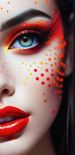 A young stunning model girl with intricate stippling, showcasing the artistic technique that uses small, isolated dots of colorful ink or paint. The dots create a detailed portrait, with varying densities to capture the light and shadow play beautifully. glitch screen, vfx, glowing retina, glwoing eyes, model face, cat_eye, red_lips, large_eyes,
