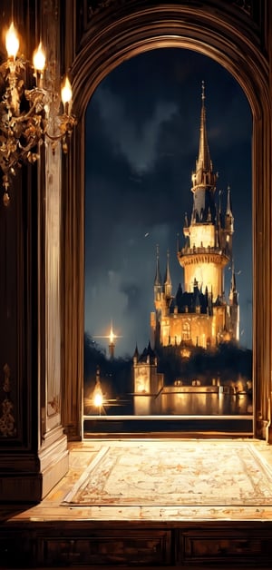Create a description of a Gothic-style castle with an airy view, emphasizing its mysterious nature