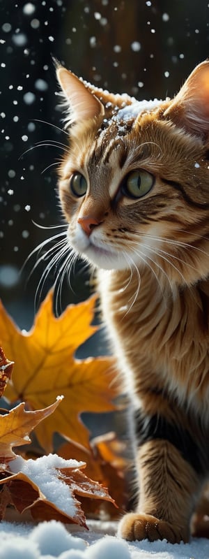 cat, first snow, flakes, partial snow cover, cinematic film still, breathtaking, Falling leaves, melancholic mood, papery texture, nature's whispered farewell in rustling gusts, photo-realism, film grain, film still, bokeh, intricately detailed, , perfect composition, beautiful detailed intricate insanely detailed octane render trending on artstation, 8 k artistic photography, photorealistic concept art, soft natural volumetric cinematic perfect light, chiaroscuro, award - winning photograph, masterpiece, oil on canvas, raphael, caravaggio, greg rutkowski, beeple, beksinski, giger
