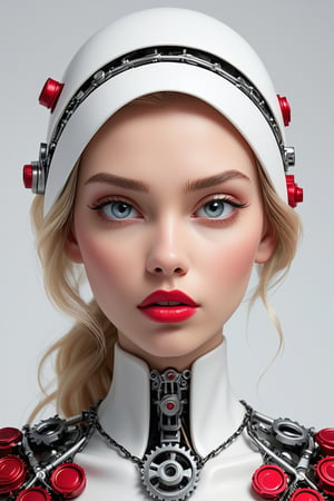 Rendering a breathtaking minimalistic and surreal illustration of a compact red lipstick created from various metal and technological components including gears, chains and wires. We see how the backdrop of a clean white space highlights the exquisite work of the robotic arm in tandem with the lipstick. The technological presentation highlights the precision and care put into the design. The illustration is done in a vibrant, monochromatic style that highlights the futuristic and innovative aspects of the hand and lipstick.