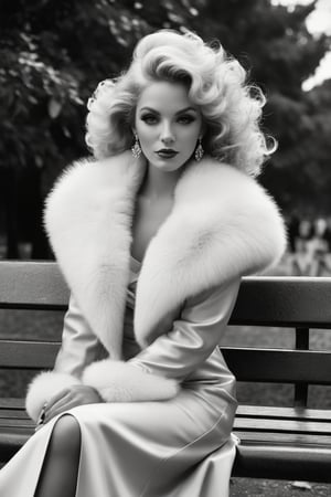 A captivating black and white portrait of a woman seated on a bench in Hyde Park, London during the 1970s. She is dressed in a form-fitting dress, a fur stole, and heels, with platinum blonde curls framing her enigmatic face. The artists have combined their signature styles to create a masterpiece that captures the essence of the era and the subject's mesmerizing allure. The ominous clouds in the sky hint at a windy day, while dark fantasy elements give the scene an air of mystery. The harmonious blend of Hollywood glamour, urban atmosphere, and mystique creates an unforgettable work of art.