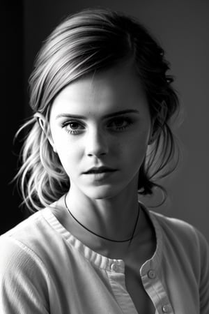 This is a portrait of a young girl ((( Emma Watson ))) in the style of ultra-realistic photography with high resolution 32k, taken on a professional camera with high image quality. Her face is the main focus, captured in close-up. Her medium-length blonde hair is styled in an easy, windy updo that frames her face. Her facial features are soft, gentle - tender eyes, small nose, plump lips. Her expression is thoughtful, lost in thought, with a hint of vulnerability. She wears a stylish fedora that casts dramatic shadows across part of her face. The lighting is moody and atmospheric, with well-defined shadows and highlights that highlight the shape of her face and features. The background is intentionally blurred, out of focus, to remove distractions. The image should convey a sense of mystery, emotion and quiet introspection. High contrast and sharp details. Fine detailing, premium composition, ultra-realistic, photorealistic.