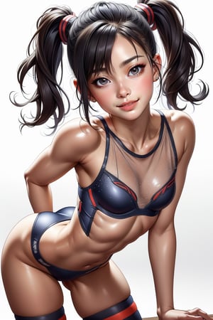 gymnast, leotard, see-through, underwear, thong, thin, tiny_breasts,photorealistic, aheago , midriff, smirking, smug, legs,  pigtails, bite_lip, thigh_highs, ass, small ass, bending over