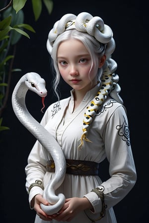 Full body portrait of a cute little white snake girl, human-like appearance, snake-themed features, soft and delicate, holding a small snake toy, playful and whimsical attire, friendly and inviting expression, by FuturEvoLab, (masterpiece: 2), best quality, ultra highres, original, extremely detailed, perfect soft lighting, charming and endearing character
