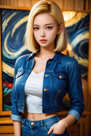 Beautiful woman, blonde hair, seaside, amber eyes, 8k, best quality, (van gogh, starry night background), detailed hair, detailed eyes,Android18,black and white striped long-sleeved black short T-shirt,denim jacket,short hair