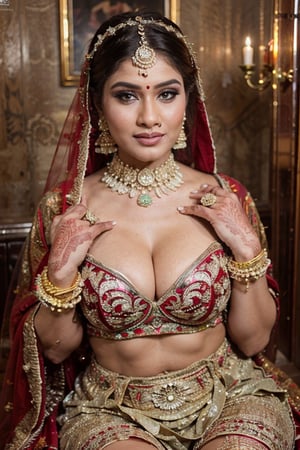 Amazingly beautiful indian bride with dazzling jewelry, ornate display, sitting coyly on a stool, curvy body, large breast, deep cleavage, strapless bra, beautifully done hair, masterpiece, uhd, best quality, shot with nikon 70 mm lens, wedding photography, Shoping 
in mall 
realism
