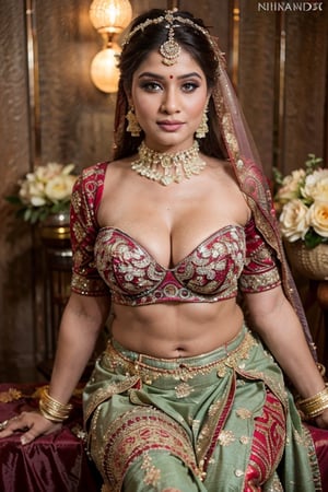 Amazingly beautiful indian bride with dazzling jewelry, ornate display, sitting coyly on a stool, curvy body, large breast, deep cleavage, strapless bra, beautifully done hair, masterpiece, uhd, best quality, shot with nikon 70 mm lens, wedding photography, realism