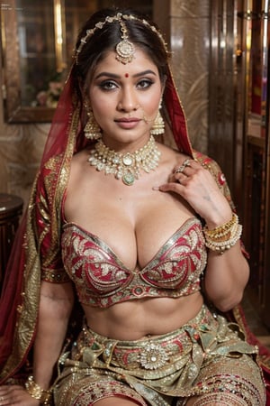 Amazingly beautiful indian bride with dazzling jewelry, ornate display, sitting coyly on a stool, curvy body, large breast, deep cleavage, strapless bra, beautifully done hair, masterpiece, uhd, best quality, shot with nikon 70 mm lens, wedding photography, in mall 
realism
