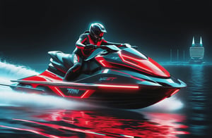 photorealistic image, masterpiece, high quality 8K, of a futuristic ((sci-fi large super jet ski)), (((sailing in the water the sea))), Tron legacy, black and red neon lights, good lighting, at night, sharp focus