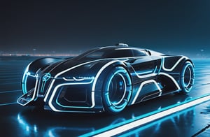 photorealistic image, masterpiece, high quality 8K, of a futuristic ((big sci-fi Tron super car)), (((running on a track))), Tron legacy, white and blue neon lights, good lighting, at night, sharp focus