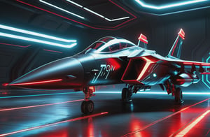 photorealistic image, masterpiece, high quality 8K, of a futuristic jet fighter, Tron legacy, black and red neon lights, good lighting, at night, sharp focus