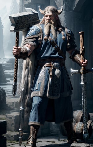 photorealistic, high quality 8k image of a man god, Vili, strong, slim body, long white hair, long beard, (((fantasy blue viking full armor, runes and intricate details))), (((giant mallet viking hammer with super long handle ))), (in the Valhalla palace), sharp focus, standing
