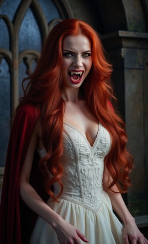 
a girl, Dracula's girlfriend, beautiful vampire, long red hair, yellow eyes, open mouth, ((showing her long vampire fangs)), pale skin, thin body, (bloody white dress), advancing towards the one who looks with her eyes. arms outstretched, masterpiece, high quality, 8k, sharp focus