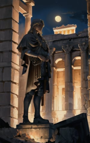 at night, ancient acropolis, monuments, statues of abandoned advanced civilization, moonlit, good lighting, photorealistic image, masterpiece, high quality 8K, sharp focus
