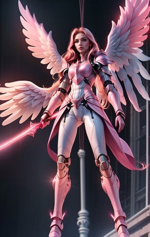 super realistic image, high quality uhd 8K, of ((1 girl)), detailed realistic ((slim body, high detailed)), skinny waist, (tall model), redhead, long ginger hair, high detailed realistic skin, (((white and pink armor, intrincate details))), ((cybernetic tegnology arms)), non cybernetic abdomen, (((suspended in the air, in levitation, angel ascending))), ((large white angel wings)), (((full body))), real vivid colors, standing,warriorofxian,1 girl,