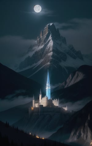 At night, white city of Gondolin with its fortifications, hidden by mountains, an image of epic fantasy, illuminated by the light of the moon.
