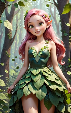 super realistic image, high quality uhd 8K, of (1 girl, forest fairy), smiling face, happy, pointy ears, detailed realistic ((slim body, high detailed)), (skinny waist), (tall model), long pink hair, high detailed realistic skin, ((dress made with leaves, intrincate details)), real vivid colors, standing,1girl,disney pixar style