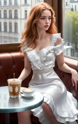Photorealistic image ((Masterpiece)), ((high quality)) UHD 8K, of a beautiful girl, ((slim body)), realistic, (medium chest), (skinny waist), (long irish ginger hair), (blue eyes), ((wearing a white silk dress with a large neckline and ruffles)), ((sitting in a cafe having a coffee, looking out the window))