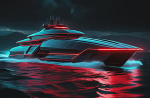 photorealistic image, masterpiece, high quality 8K, of a futuristic ((sci-fi large super boat)), (((sailing in the water the sea))), Tron legacy, black and red neon lights, good lighting, at night, sharp focus