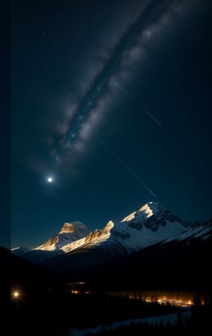 at night, snowy mountains of Canada. Star shower, illuminated by moonlight