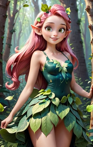 super realistic image, high quality uhd 8K, of (1 girl, forest fairy), smiling face, happy, pointy ears, detailed realistic ((slim body, high detailed)), (skinny waist), (tall model), long pink hair, high detailed realistic skin, ((dress made with leaves, intrincate details)), real vivid colors, standing,1girl,disney pixar style