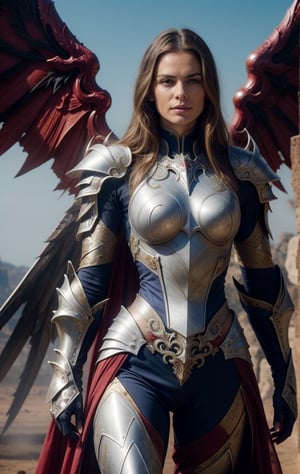 Ultra detailed realistic photo scene UHD 8K HDR, 1 blonde-haired woman, blue eyes, long  hair, slim, perfect model body, super detailed fantasy armor, gigant wings armor, warrior of xian