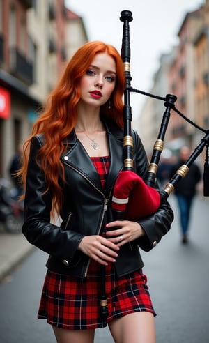 A girl, young, beautiful, ((photorealistic)), long red hair, slim body, skinny waist, blue eyes, black leather jacket, red plaid miniskirt, playing a Scottish bagpipe, on a city street, masterpiece, high quality 8k, sharp focus