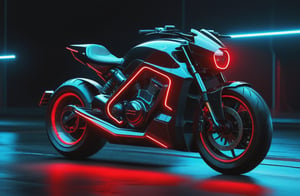 photorealistic image, masterpiece, high quality 8K, of a futuristic motorcycle, Tron legacy, black and red neon lights, good lighting, at night, sharp focus