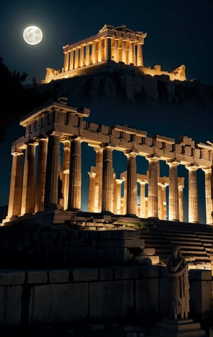 at night, ancient acropolis, monuments, statues of abandoned advanced civilization, moonlit, good lighting, photorealistic image, masterpiece, high quality 8K, sharp focus