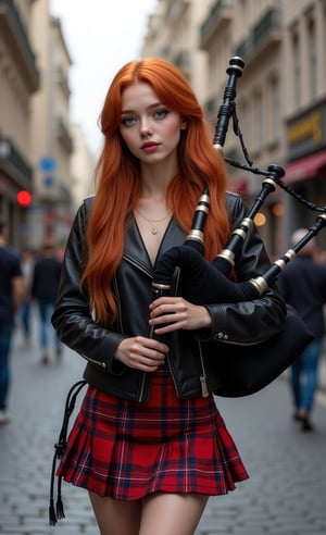 A girl, young, beautiful, ((photorealistic)), long red hair, slim body, skinny waist, blue eyes, black leather jacket, red plaid miniskirt, playing a Scottish bagpipe, on a city street, masterpiece, high quality 8k, sharp focus