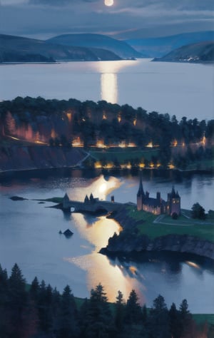 at night, castle village in Scotland, Loch Ness, beautiful moonlit lake Loch Ness, good lighting, realistic image, masterpiece, high quality 8K, sharp focus