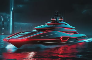 photorealistic image, masterpiece, high quality 8K, of a futuristic ((sci-fi large super boat)), (((sailing in the water the sea))), Tron legacy, black and red neon lights, good lighting, at night, sharp focus