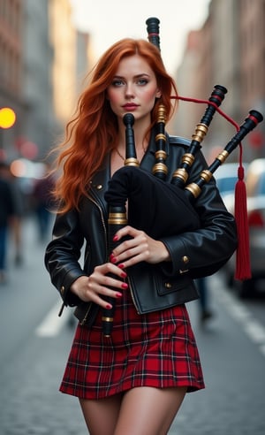 A girl, young, beautiful, ((photorealistic)), long red hair, slim body, skinny waist, blue eyes, black leather jacket, red plaid miniskirt, playing a Scottish bagpipe, on a city street, masterpiece, high quality 8k, sharp focus