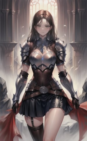 super realistic image, high quality uhd 8K, of 1 girl, detailed realistic ((slim body, high detailed)), ((skinny waist)), ((tall model)), long brunette hair, high detailed realistic skin, ((fantastic and magical leather armor with skirt, several lower hip belts)), ((on the outskirts of a fantasy castle)), real vivid colors, standing,EpicS,1 girl,warriorxian,disney pixar style