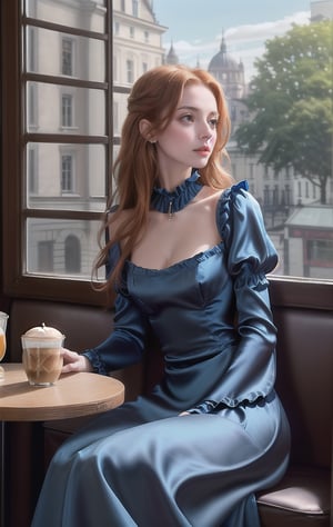 Photorealistic image ((Masterpiece)), ((high quality)) UHD 8K, of a beautiful girl, ((slim body)), realistic, (medium chest), (skinny waist), (long irish ginger hair), (blue eyes), ((wearing a blue silk dress with a large neckline and ruffles)), ((sitting in a cafe having a coffee, looking out the window))