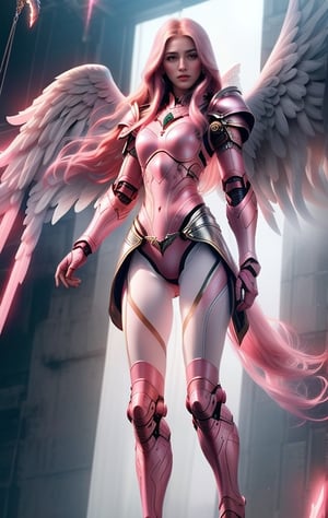 super realistic image, high quality uhd 8K, of ((1 girl)), detailed realistic ((slim body, high detailed)), skinny waist, (tall model), redhead, long ginger hair, high detailed realistic skin, (((white and pink armor, intrincate details))), ((cybernetic tegnology arms)), non cybernetic abdomen, (((suspended in the air, in levitation, angel ascending))), ((large white angel wings)), (((full body))), real vivid colors, standing,warriorofxian,1 girl,