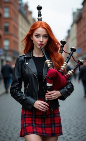 A girl, young, beautiful, ((photorealistic)), long red hair, slim body, skinny waist, blue eyes, black leather jacket, red plaid miniskirt, playing a Scottish bagpipe, on a city street, masterpiece, high quality 8k, sharp focus