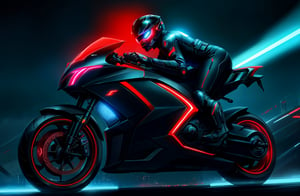 photorealistic image, masterpiece, high quality 8K, of a futuristic motorcycle, Tron legacy, black and red neon lights, good lighting, at night, sharp focus