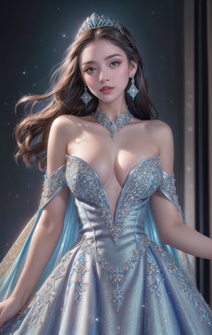 Super realistic image, NVIDIA RTX, super resolution, Unreal 5, Subsurface Dispersion, PBR Texturing, Post-processing, Maximum clarity and sharpness, Multi-layer textures, of (A very beautiful young woman), (Tall model), slim, (slim body), blue eyes, ((long, voluminous bright brunette hair, a rose in her hair)), (((Light skin with glitter, sparkly earrings, blue evening princess dress with shiny blue inlay, intricate details))), (((Portrait of face, shoulders and chest))), (high quality, Ultra-realistic scene, 8K RAW High Definition)