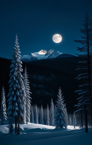at night, snowy mountains of Canada. spruce forest, illuminated by moonlight