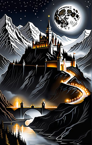 At night, white city of Gondolin with its fortifications, hidden by mountains, an image of epic fantasy, illuminated by the light of the moon.