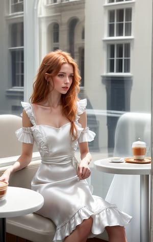 Photorealistic image ((Masterpiece)), ((high quality)) UHD 8K, of a beautiful girl, ((slim body)), realistic, (medium chest), (skinny waist), (long irish ginger hair), (blue eyes), ((wearing a white silk dress with a large neckline and ruffles)), ((sitting in a cafe having a coffee, looking out the window))