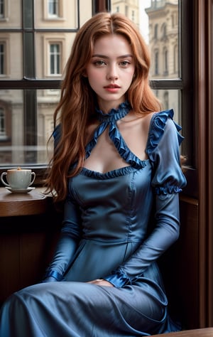 Photorealistic image ((Masterpiece)), ((high quality)) UHD 8K, of a beautiful girl, ((slim body)), realistic, (medium chest), (skinny waist), (long irish ginger hair), (blue eyes), ((wearing a blue silk dress with a large neckline and ruffles)), ((sitting in a cafe having a coffee, looking out the window))