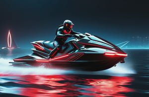 photorealistic image, masterpiece, high quality 8K, of a futuristic ((sci-fi large super jet ski)), (((sailing in the water the sea))), Tron legacy, black and red neon lights, good lighting, at night, sharp focus