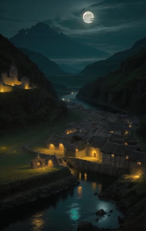 de noche, pueblo costero vikingo, antiguo, fiordo noruego de fantasía, casas iluminadas con antorchas, escena iluminada por la luna, buena iluminación, imagen fotorealista, obra maestra, alta calidad,8K, foco nitido