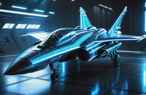 photorealistic image, masterpiece, high quality 8K, of a futuristic sci-fi jet fighter, Tron legacy, black and blue neon lights, in the air, good lighting, at night, sharp focus