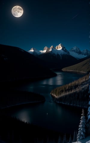 at night, snowy mountains of Canada, illuminated by moonlight