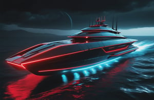 photorealistic image, masterpiece, high quality 8K, of a futuristic ((sci-fi large super boat)), (((sailing in the water the sea))), Tron legacy, black and red neon lights, good lighting, at night, sharp focus